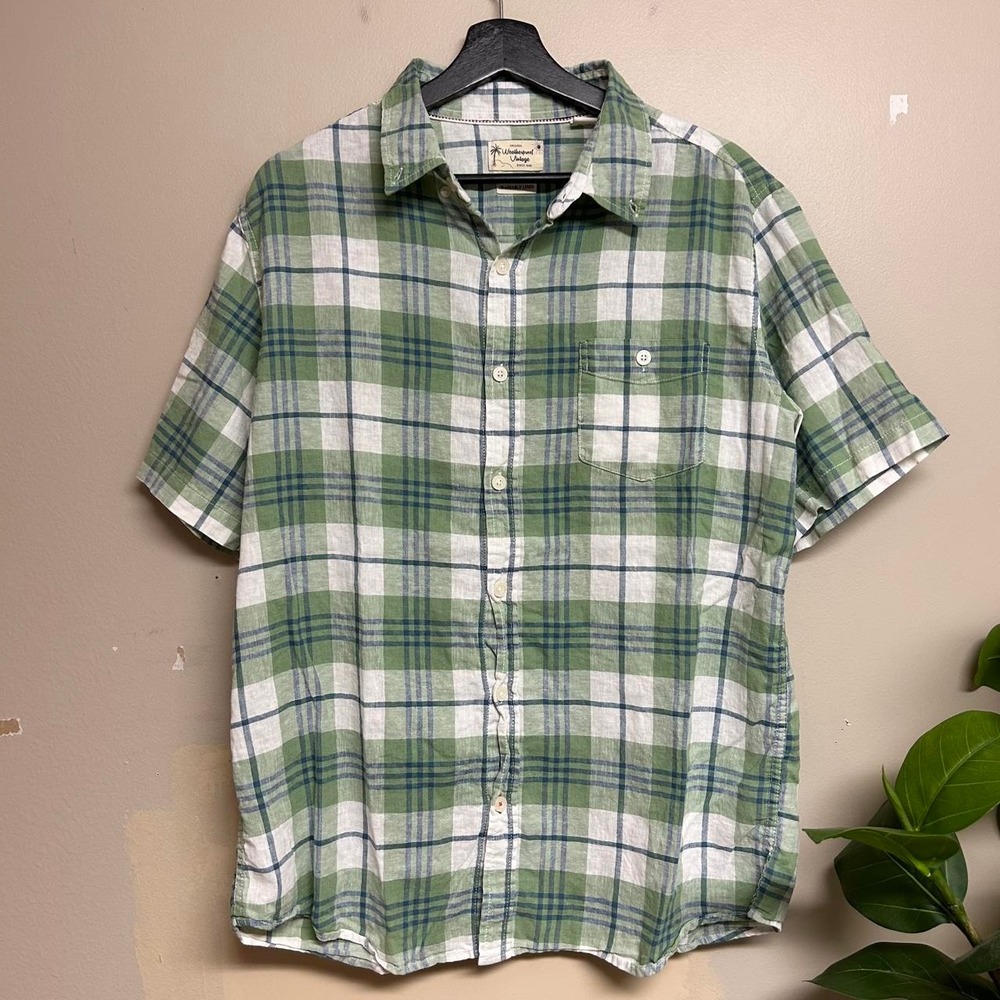 Weatherproof Vintage Mens Green White Plaid Linen Short Sleeve Button Up Shirt L